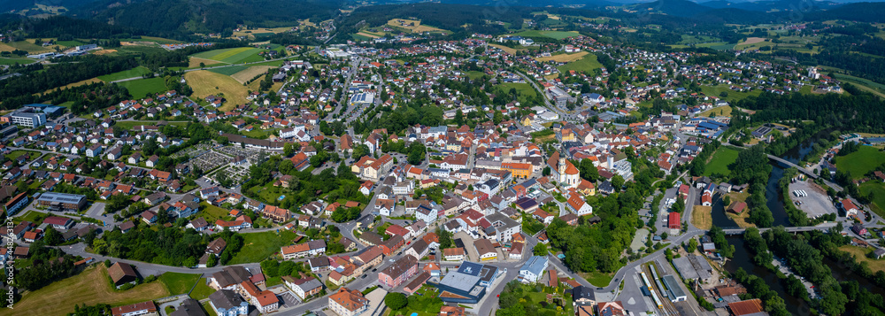 Aerial view around the city Viechtach in Germany., Bavaria on a sunny afternoon in spring.