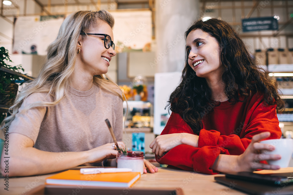 Female friends talking with each other sitting at cafe