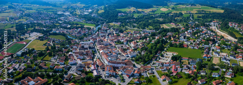 Aerial view around the city Bad Kötzting in Germany. Bavaria on a sunny afternoon in spring.