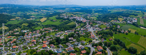 Aerial view around the city Perlesreut in Germany., Bavaria on a sunny afternoon in spring.