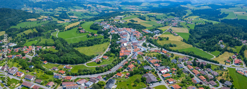 Aerial view around the city Perlesreut in Germany., Bavaria on a sunny afternoon in spring.