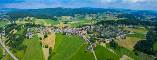Aerial view around the village Kumreut in Germany., Bavaria on a sunny afternoon in spring.