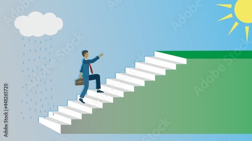 Man climbing in stairs, determined to get to sunny days. Dimension 16:9. Vector illustration. EPS10. 