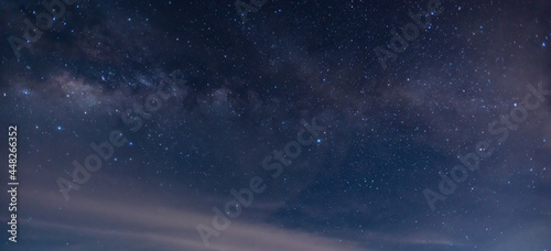 Amazing Panorama blue night sky milky way and star on dark background.Universe filled with stars, nebula and galaxy with noise and grain.