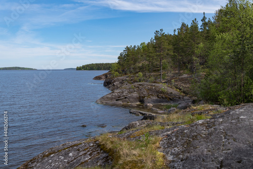 Skerry of Ladoga. Stony lake shore on Great Ladoga Trail. Leningrad region. Russia.