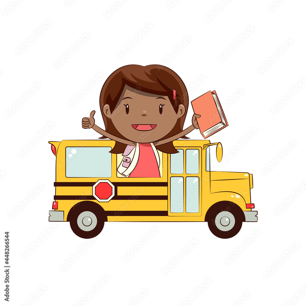 little-girl-school-bus-ride-happy-cute-child-stock-vektorgrafik