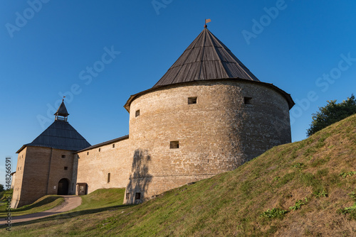Gate Tower and Klimentovskaya Tower of the Old Medieval Old Ladoga Fortress in Russia