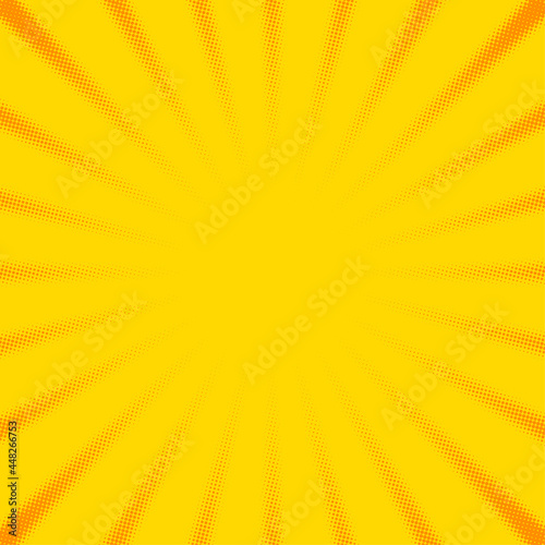 Yellow dotted halftone sunbeams background.