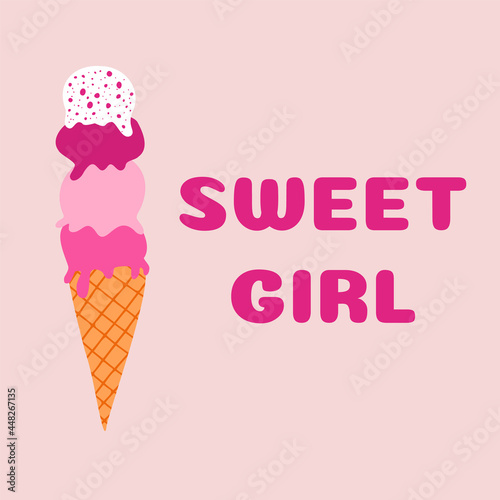 Sweet girl poster with ice cream. Pink. Vector