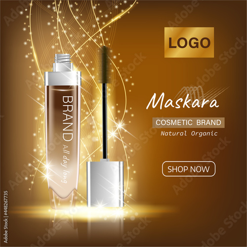 Gold luxury eyelash mascara ads, black and gold package with eyelash applicator brush with mascaras stroke palette on VIP shine glitter background. Vector 3d realistic illustration.