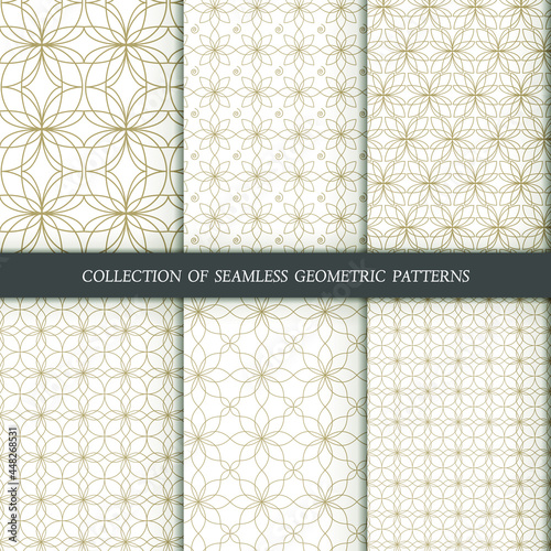 Set of 6 vector seamless patterns. Ornamental gold patterns on a white background. Modern illustrations for wallpapers, flyers, covers, banners, minimalistic ornaments, backgrounds.
