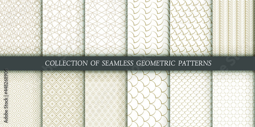 Set of 12 vector seamless patterns. Geometrical gold patterns on a white background. Modern illustrations for wallpapers, flyers, covers, banners, minimalistic ornaments, backgrounds. 