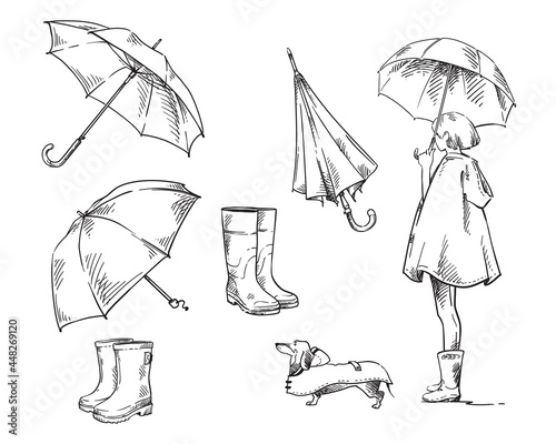 walk in the rain. set of icons about rain and rainy weather. A girl with umbrella walking a dog in a raincoat