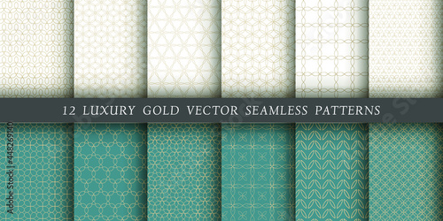 Set of 12 luxurious vector seamless ornamental patterns. Gold floral patterns on a white and emerald background. Modern illustrations for wallpapers, flyers, covers, banners, minimalistic ornaments