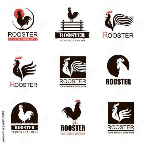 collection of rooster design icons isolated on white background