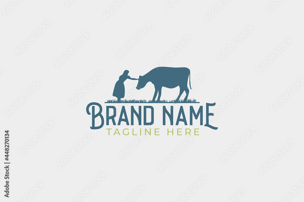 a simple farm logo with an image of a girl taking care of her cow.