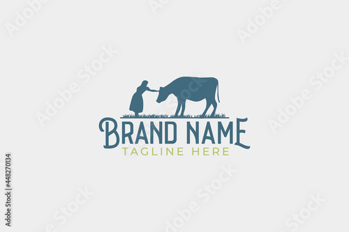 a simple farm logo with an image of a girl taking care of her cow.