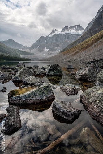 Looking at Bident Mountain across Consolation Lakes in Alberta, Canada photo