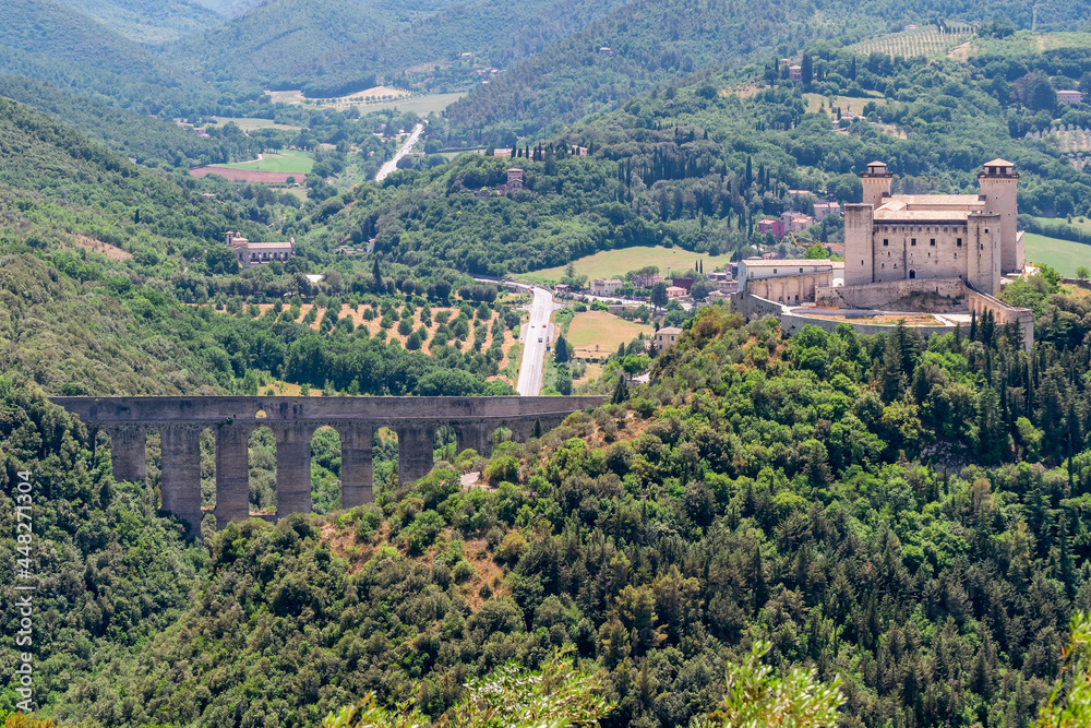 Beautiful top view of the Ponte delle Torri bridge and the Rocca Albornoziana fortress in Spoleto, Italy