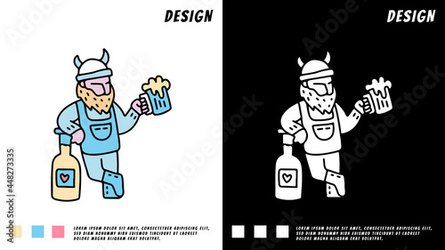 bearded viking drink beers, illustration for t-shirt, poster, sticker, or apparel merchandise.