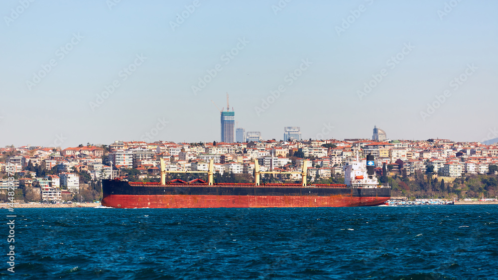 The tanker ship crosses the Bosporus on the background of Uskudar