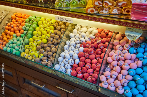 Traditional turkish delights sweets at the Grand Bazaar in Istanbul, Turkey. © sarymsakov.com