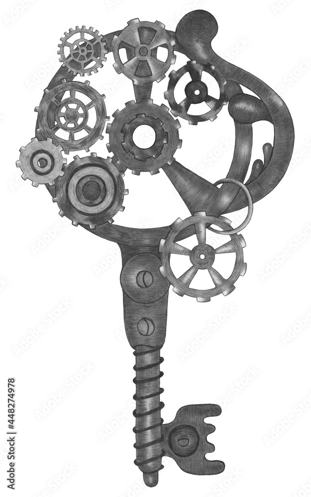 Obraz premium Colorful Steampunk Key Hand Drawn Illustration. Key Drawn by Color Pencils.