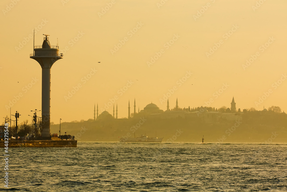 Istanbul beautiful silhouette at sunset on the bosphorus. Creative background.
