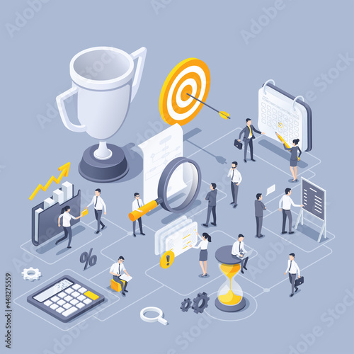 isometric vector illustration on gray background, people in business clothes work as a team, cup and target with arrow, financial data analysis and processing