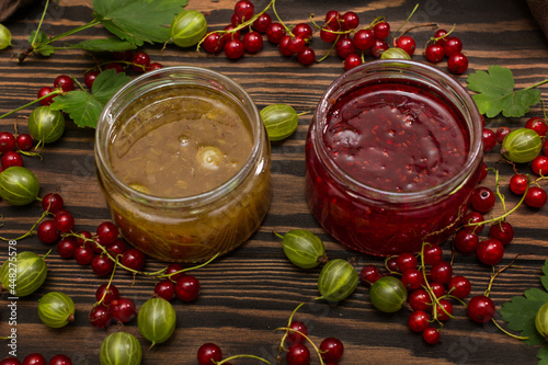 Jam and red currant and gooseberry berries