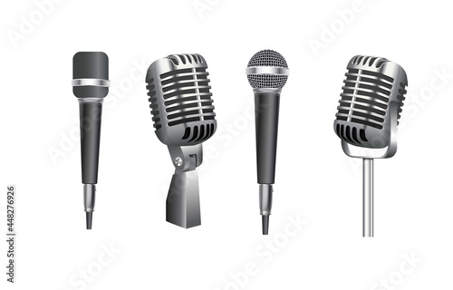 Microphones. Music studio miscellaneous equipment microphone vector realistic photographs of vintage style microphones isolated.