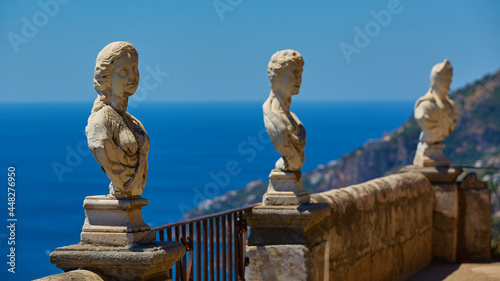 Scenic picture-postcard view of famous Amalfi Coast with Gulf of Salerno from Villa Cimbrone gardens in Ravello, Naples, Italy