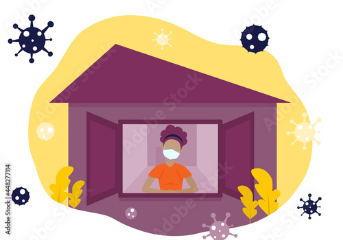 Concept stress, corona virus, quarantine. girl wearing a mask  standing by the window of the house  with the situation of the spread of COVID-19. Vector flat style. Illustration for stay home, healthy