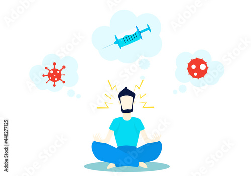 Concept stress, anxious , Covid-19. young man meditating  while being worried  About the situation of the epidemic of the covid 19 virus. Vector flat style. Illustration for quarantine, vaccine, home