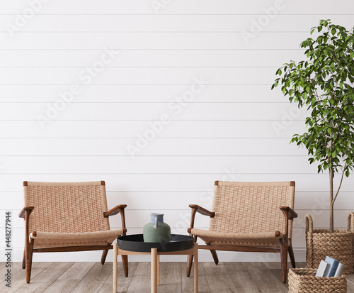 Fotografia white wall mockup in white coastal home design, 3d render