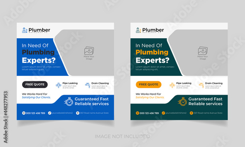 Plumbing quality service banner template. Plumbing service social media post design. Professional plumbing service flyer poster template.