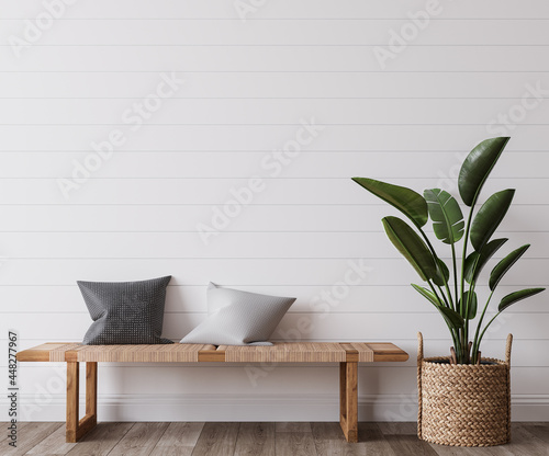 Fotografia white wall mockup in white coastal home design, 3d render