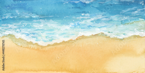 Sea wave water. Abstract Watercolor and acrylic flow blot smear painting. Color canvas texture horizontal long background.