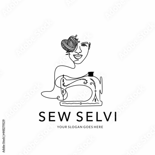 woman sewing with heart thread shape eyes - classic sewing machine - line art logo and vector