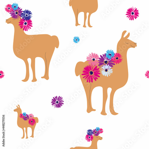 Seamless pattern on a white background with silhouettes of llamas and flowers. Llamas in flowers. For wallpapers, wrappers, textiles