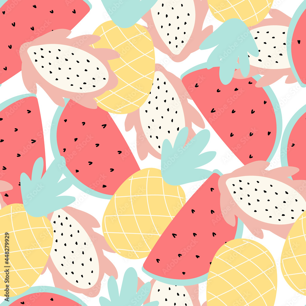 seamless pattern with fruit slices of watermelon, pineapple and dragon fruit in doodle style, vector illustration