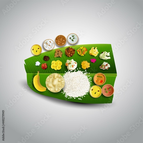 south Indian traditional wedding food served on banana leaf. Vector illustration design. photo