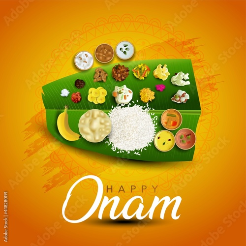 Kerala festival Happy Onam background with traditional food (onasadya) served on banana leaf. Vector illustrationdesign.