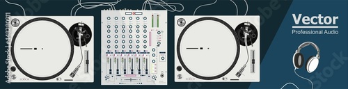 White vinyl DJ table. Realistic vector illustration. Two turntables, one mixing console. Night club, after party, festival. Aesthetic DJ equipment. Mixing studio. For postcard, poster, t-shirts, bags. photo