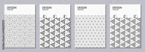 Set of flyers, posters, banners, placards, brochure design templates A6 size with korean, japanese ornaments, triangles. Graphic design for greeting, invitation cards. Vector monochrome backgrounds.