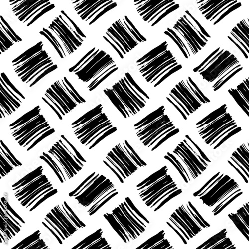 Brush strokes seamless pattern. Abstract hand drawn semicircles, grunge texture drawing. Black paint dry brush strokes on white background. Geometric wrapping paper, wallpaper vector fill