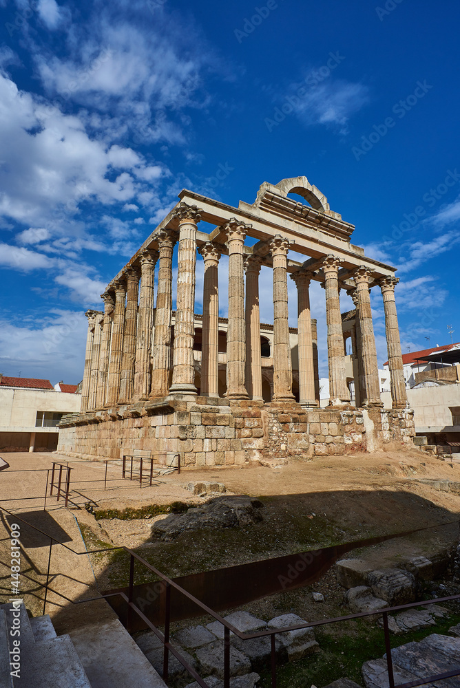 Fototapeta premium Archaeological remains of the Roman temple of Diana. Downtown of Merida, province of Badajoz, Extremadura, Spain.