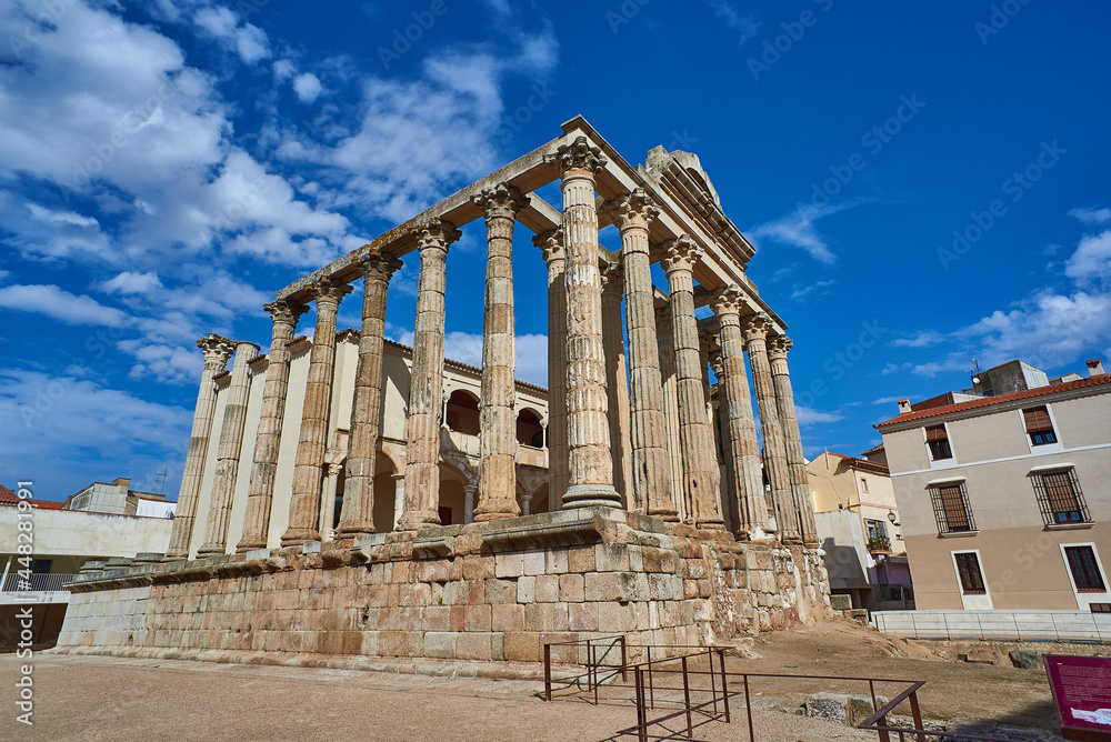 Archaeological remains of the Roman temple of Diana. Downtown of Merida, province of Badajoz, Extremadura, Spain.