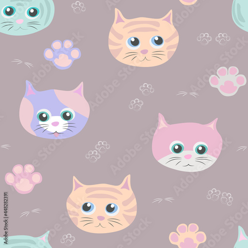 Vector seamless pattern with multicolored muzzles and paws of cats on pink background.