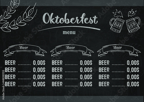 Oktoberfest 2021 - Beer Festival. Hand-drawn Doodle Elements. German Traditional holiday. Octoberfest, Craft Beer. Blue-white rhombus. Chalkboard Horizontal Beer menu.